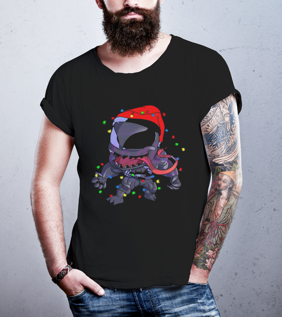 Venom Spiderman Marvel Christmas Lights Santa Hat T-Shirt