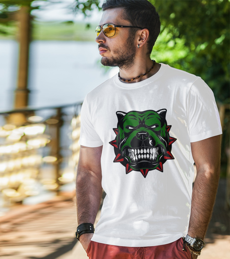 Angry Pitbull With Green Face And Red Spiked Collar Merry Christmas T-Shirt