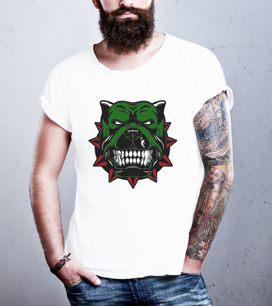 Angry Pitbull With Green Face And Red Spiked Collar Merry Christmas T-Shirt