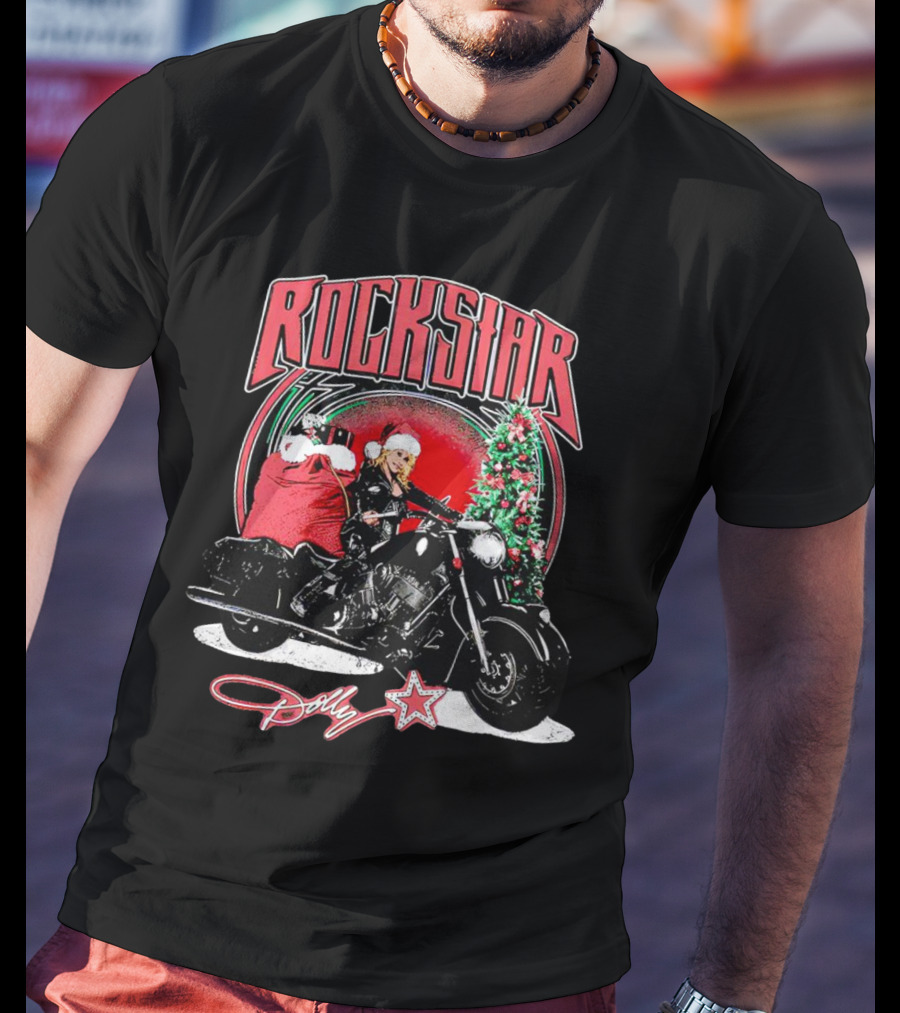 Rockstar Dolly Christmas Motorcycle Santa Holiday T-Shirt