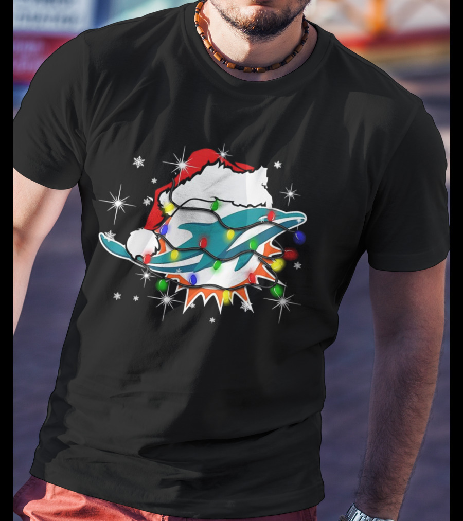 Miami Dolphins Santa Hat Christmas Lights Snowflakes T-Shirt