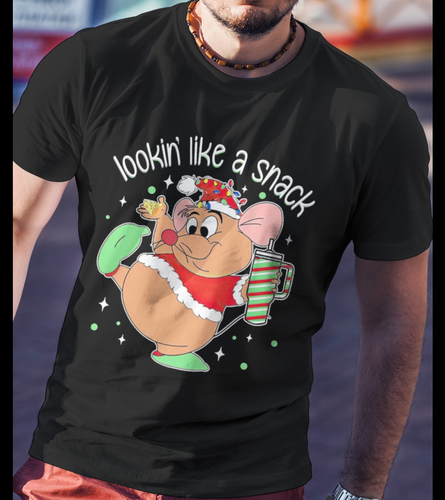 Lookin' Like A Snack Santa Mouse Holding Cheese And Peppermint Drink T-Shirt