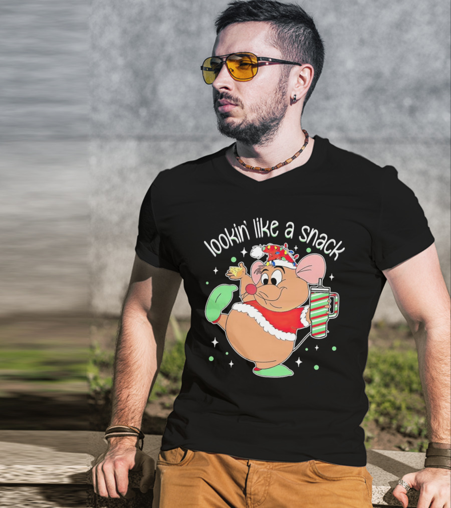 Lookin' Like A Snack Santa Mouse Holding Cheese And Peppermint Drink T-Shirt