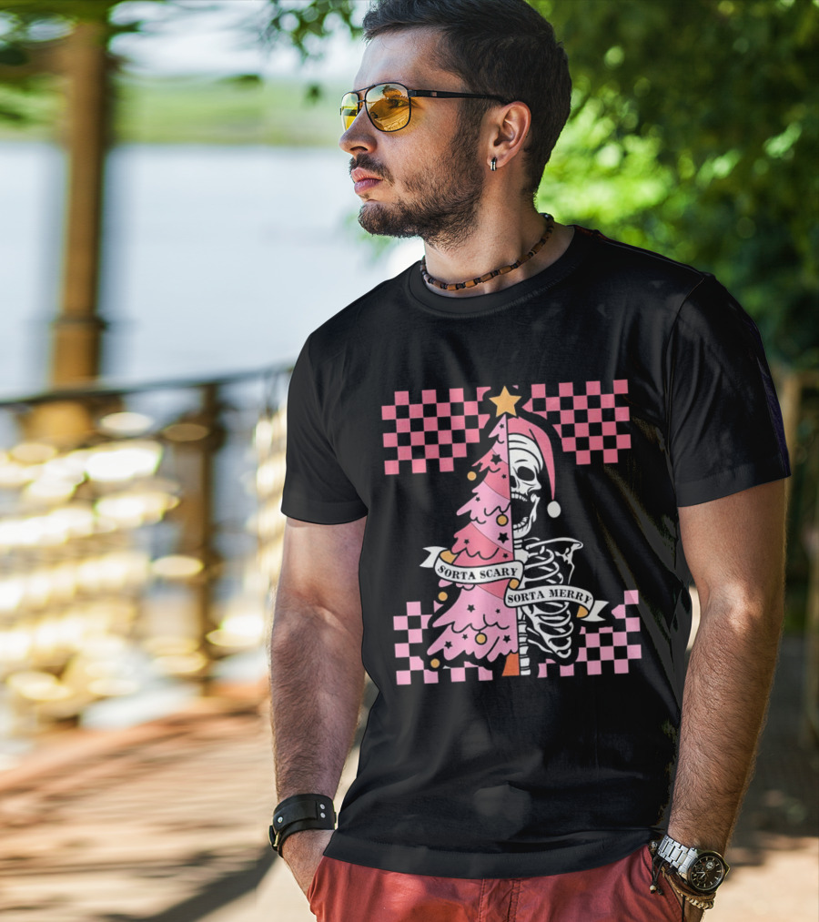 Skeleton Sorta Scary Sorta Merry Christmas Tree Split T-Shirt