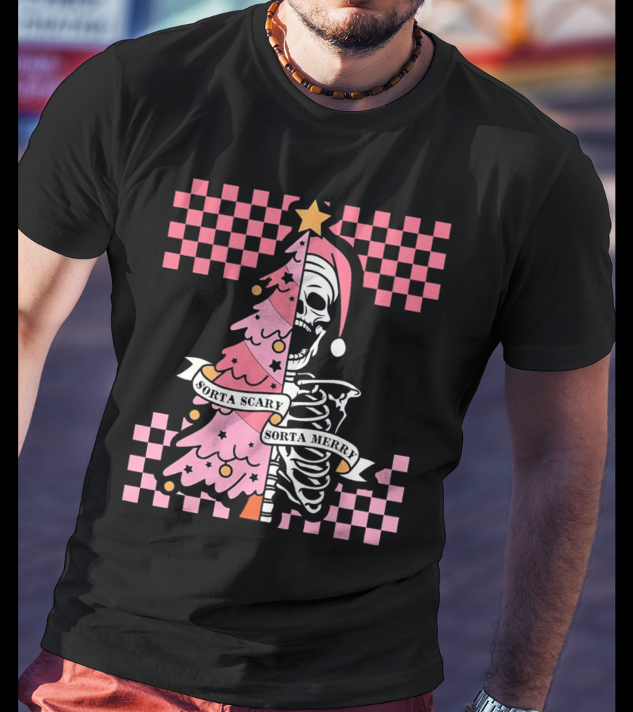 Skeleton Sorta Scary Sorta Merry Christmas Tree Split T-Shirt