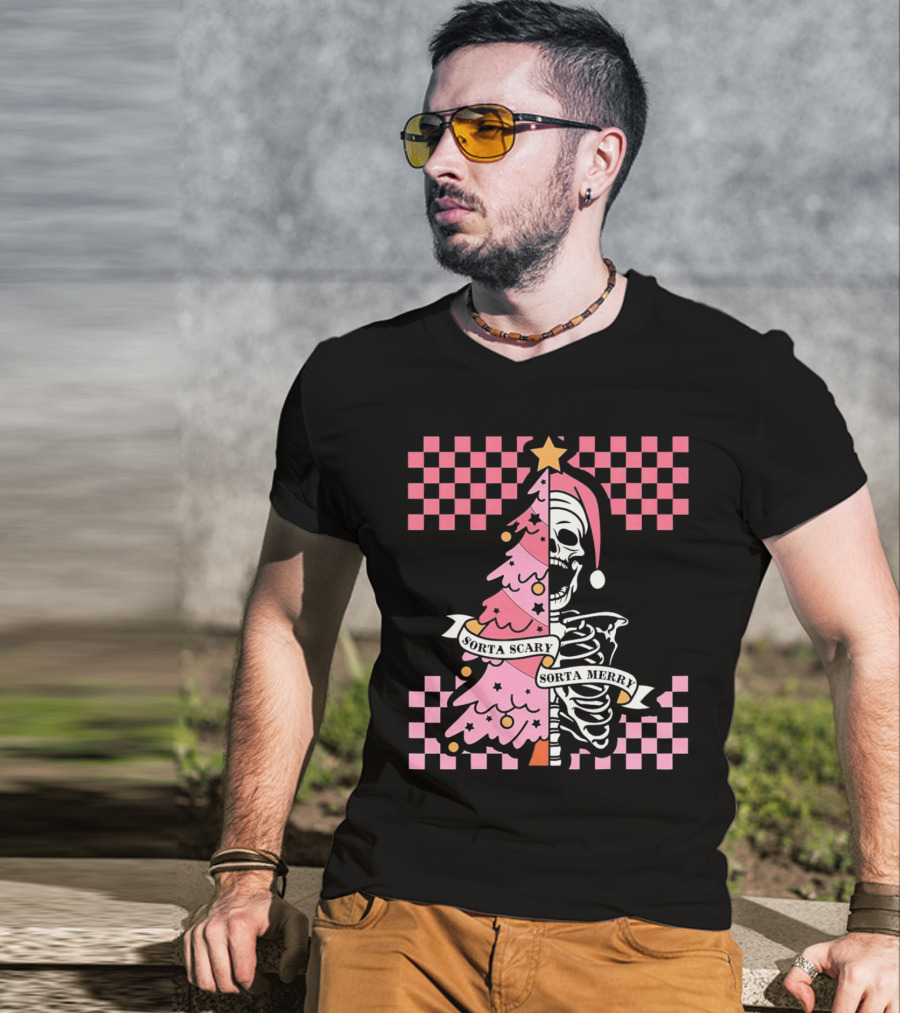 Skeleton Sorta Scary Sorta Merry Christmas Tree Split T-Shirt