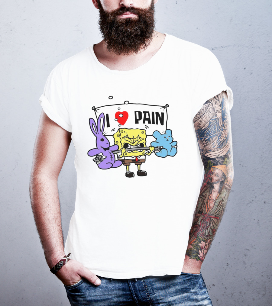 SpongeBob I Love Pain Weightlifting With Purple Bunny And Blue Bear T-Shirt