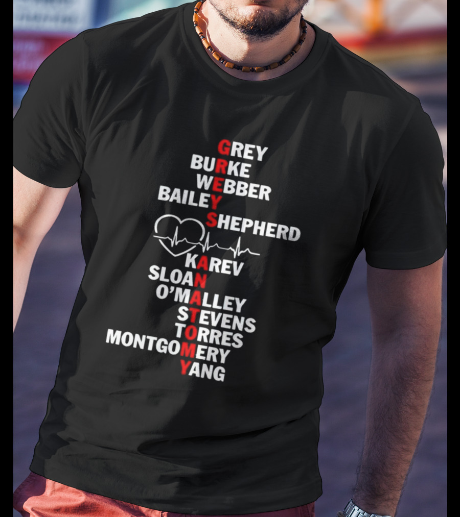 GREYS ANATOMY Grey Burke Webber Bailey Shepherd Karev Sloan O'Malley Stevens Torres Montgomery Yang Heartbeat T-Shirt
