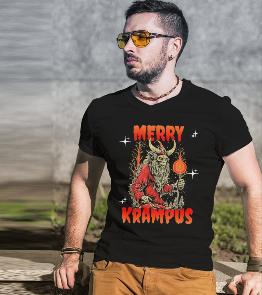 Merry Krampus Horror Christmas Demon With Fiery Torch In Forest Scene T-Shirt
