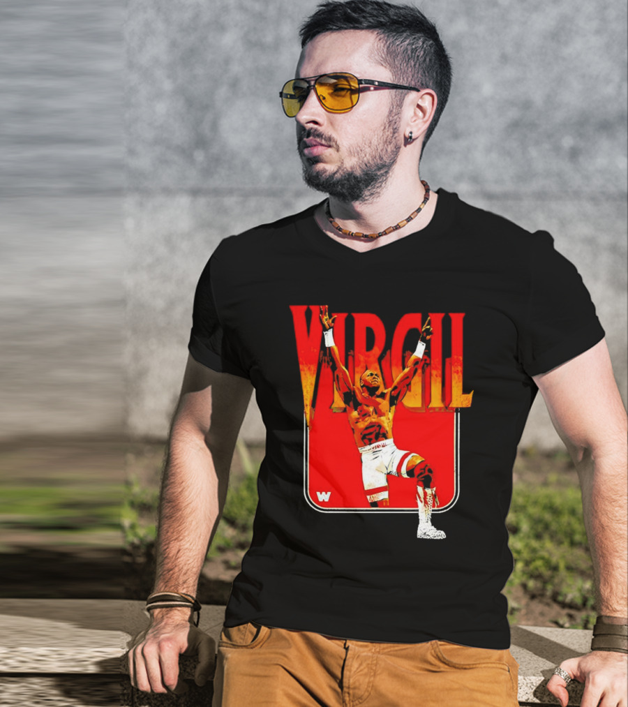 Virgil Wrestling Iconic Pose With Red Background And White Boots T-Shirt