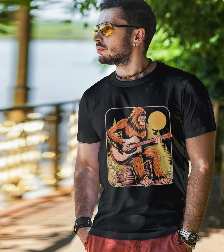 Bigfoot Playing Acoustic Guitar In Forest Scene T-Shirt