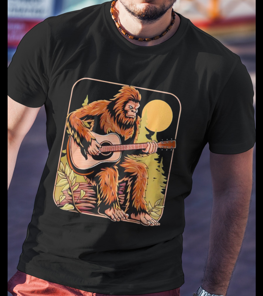 Bigfoot Playing Acoustic Guitar In Forest Scene T-Shirt