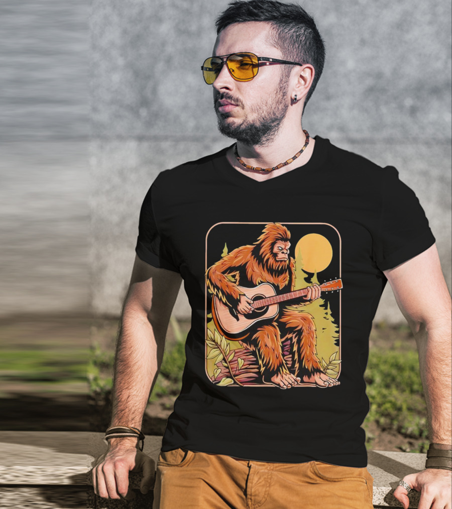 Bigfoot Playing Acoustic Guitar In Forest Scene T-Shirt