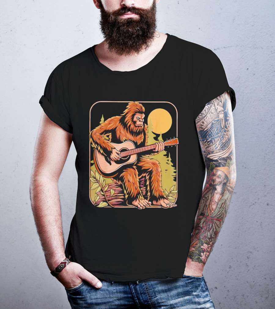 Bigfoot Playing Acoustic Guitar In Forest Scene T-Shirt