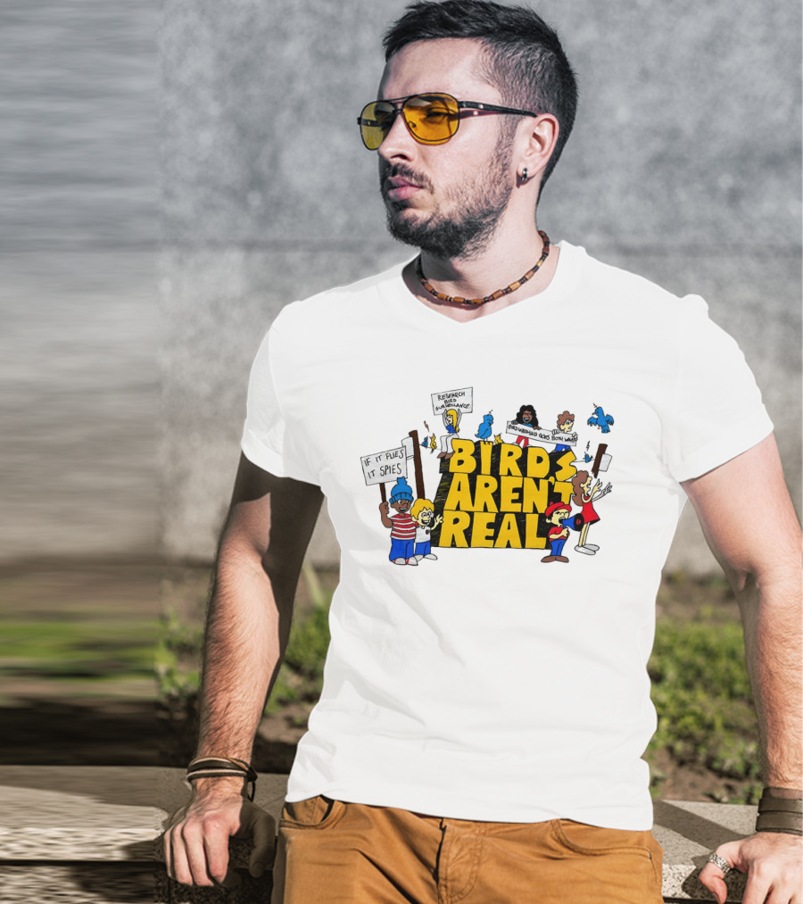 Birds Aren't Real If It Flies It Spies Protest Characters T-Shirt