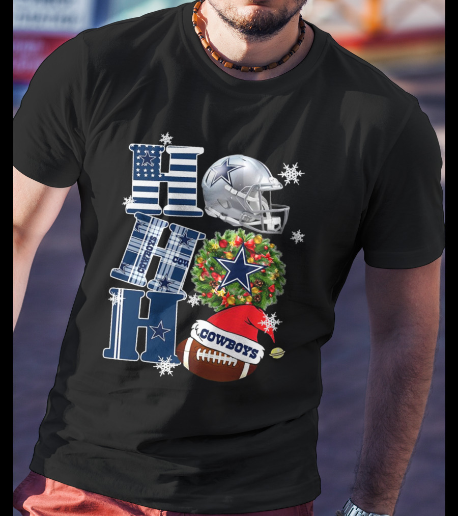 Dallas Cowboys NFL Ho Ho Ho Christmas Football Helmet Wreath Santa Hat T-Shirt