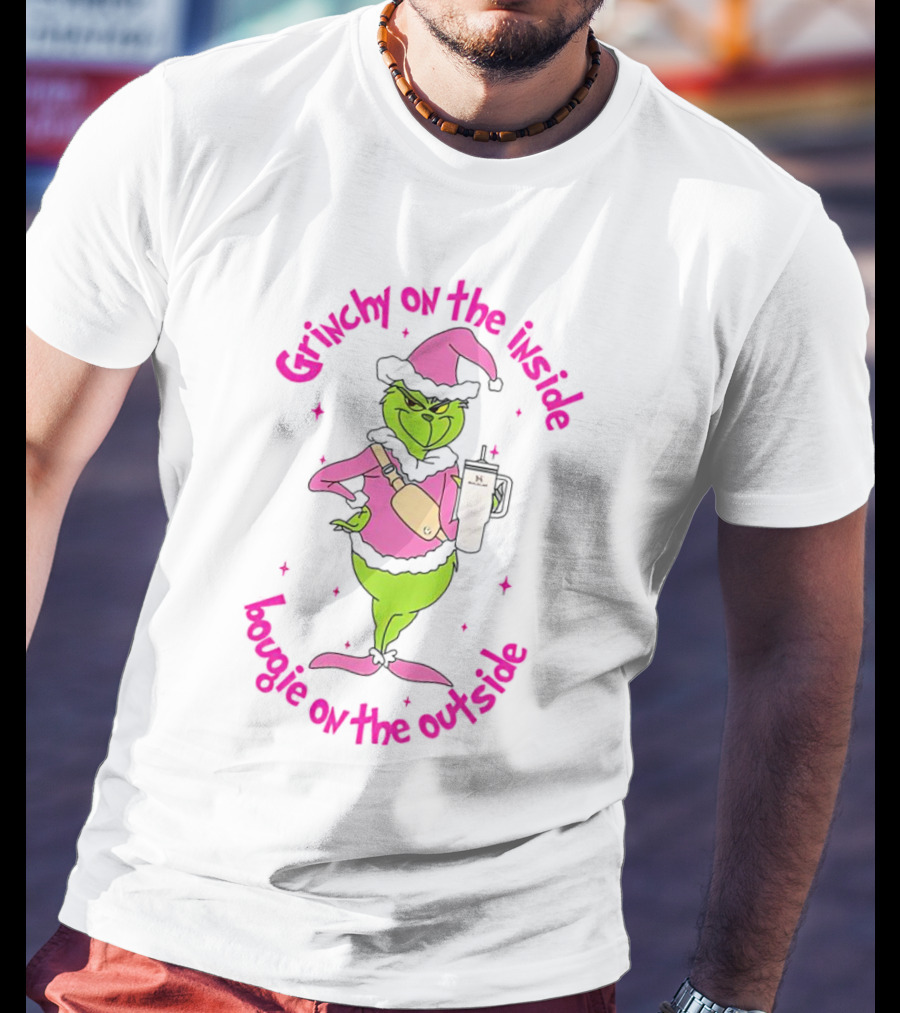 Grinchy On The Inside Bougie On The Outside Pink Hat Coffee Mug Christmas T-Shirt