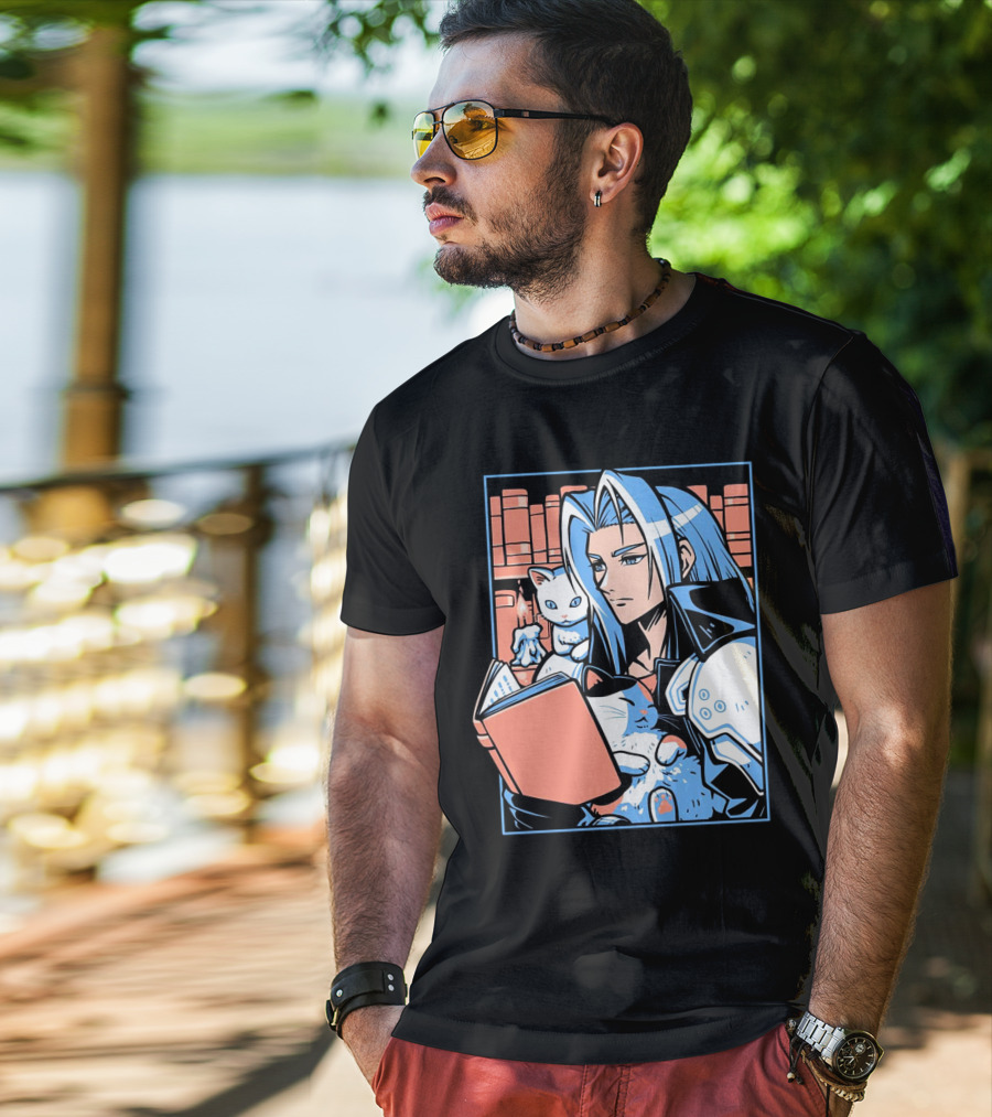 Sephiroth Reading In Basement Library With Cats And Books T-Shirt