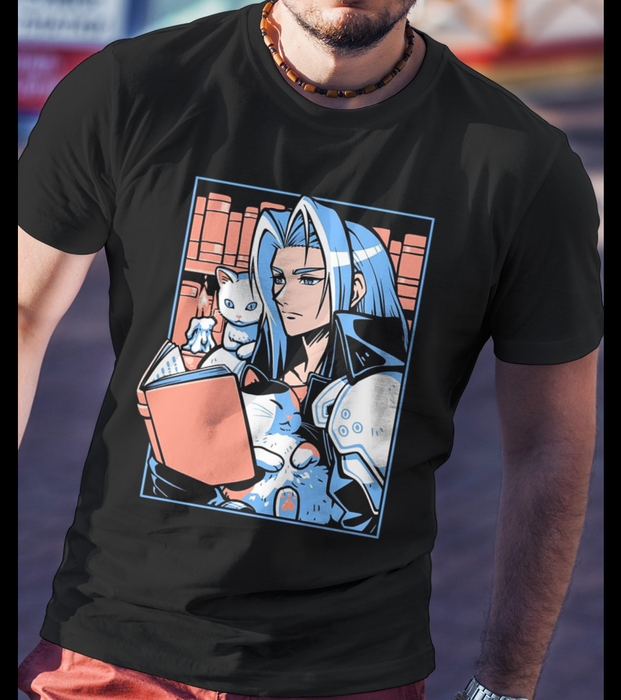 Sephiroth Reading In Basement Library With Cats And Books T-Shirt