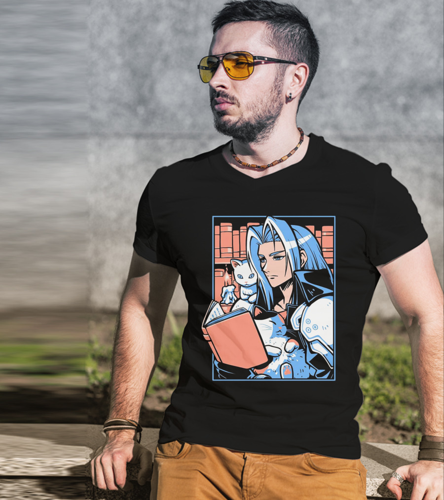 Sephiroth Reading In Basement Library With Cats And Books T-Shirt