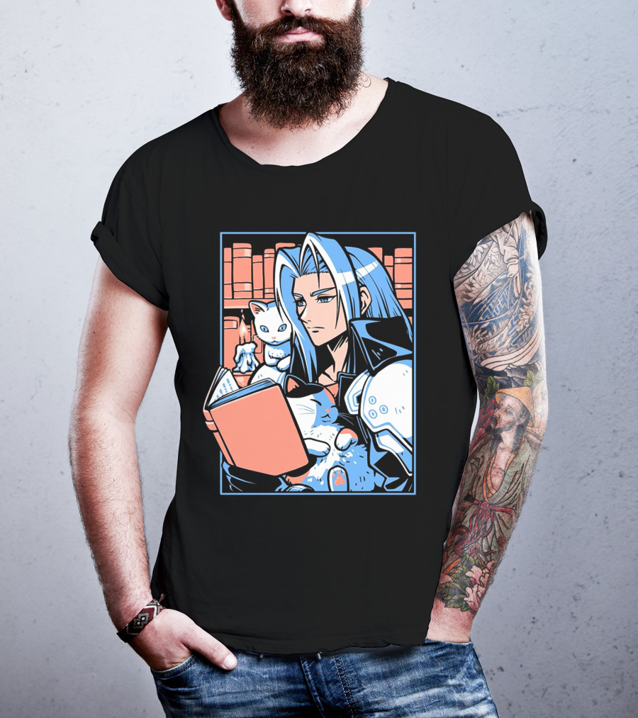 Sephiroth Reading In Basement Library With Cats And Books T-Shirt