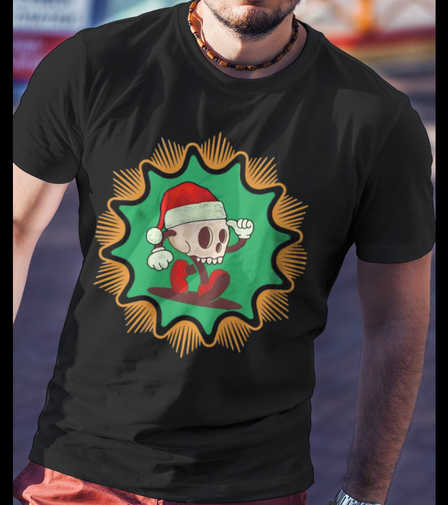 Skull Santa In Vintage Christmas Hat Badge T-Shirt