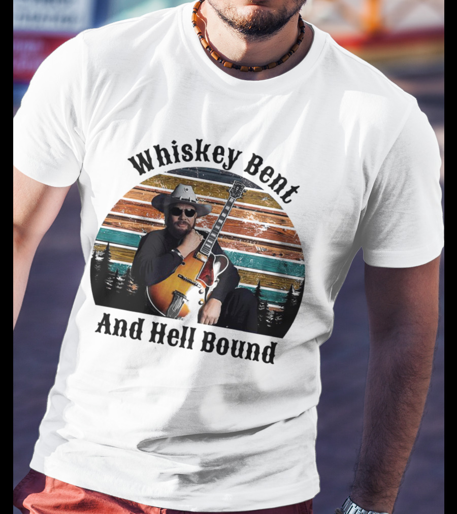 Whiskey Bent And Hell Bound Cowboy With Guitar Retro Sunset T-Shirt