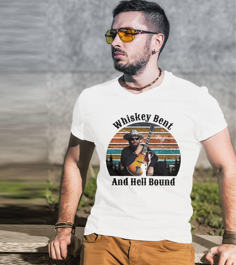 Whiskey Bent And Hell Bound Cowboy With Guitar Retro Sunset T-Shirt