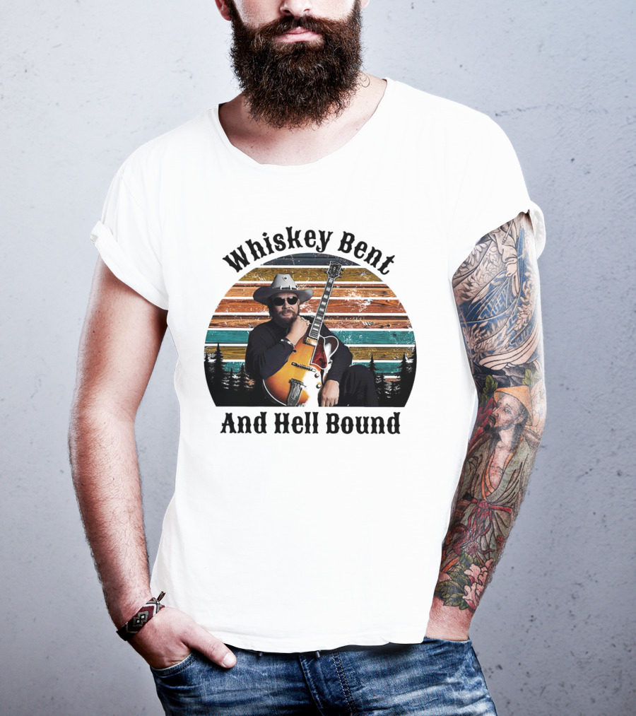 Whiskey Bent And Hell Bound Cowboy With Guitar Retro Sunset T-Shirt