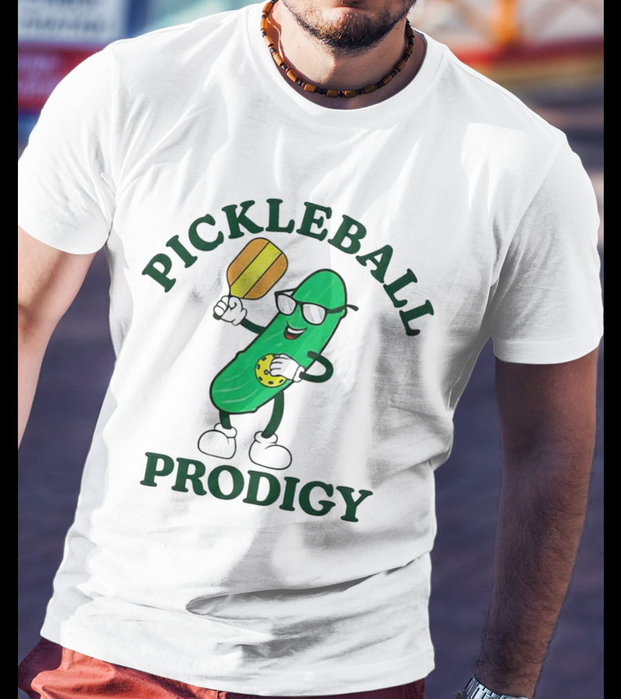 PICKLEBALL PRODIGY FUN PICKLE CHARACTER WITH PADDLE AND SUNGLASSES T-Shirt
