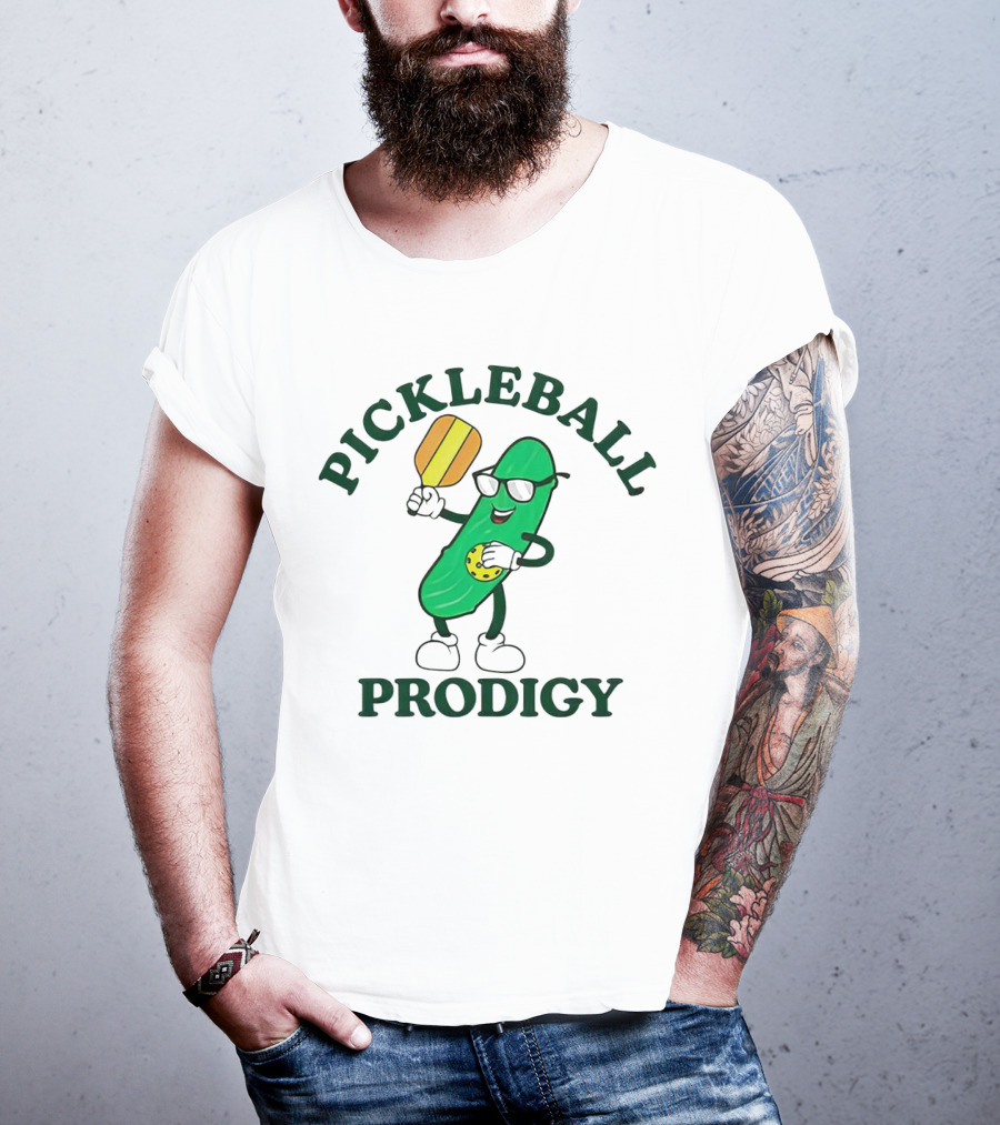 PICKLEBALL PRODIGY FUN PICKLE CHARACTER WITH PADDLE AND SUNGLASSES T-Shirt