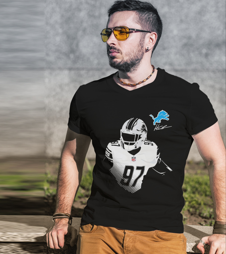 Aidan Hutchinson #97 Detroit Lions NFL Blue Lion Logo Football Player T-Shirt