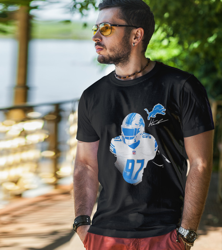 Aidan Hutchinson Detroit Lions Player Signature 97 NFL Logo Lions Helmet T-Shirt