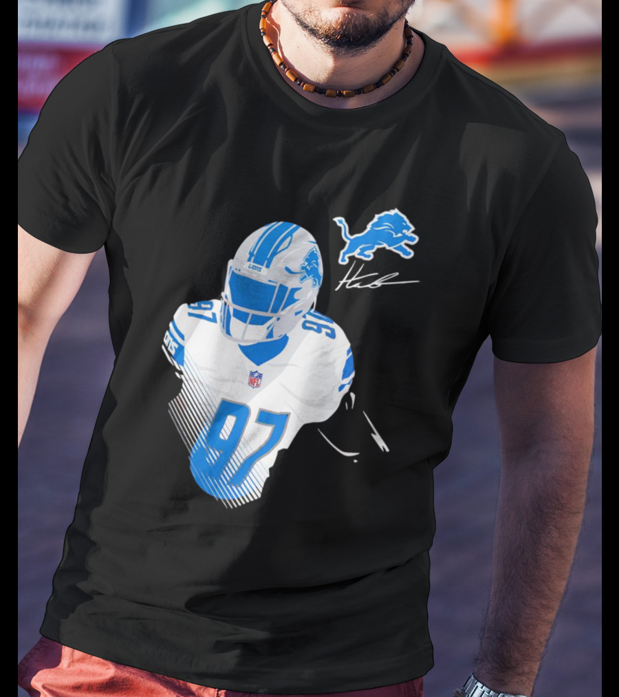 Aidan Hutchinson Detroit Lions Player Signature 97 NFL Logo Lions Helmet T-Shirt