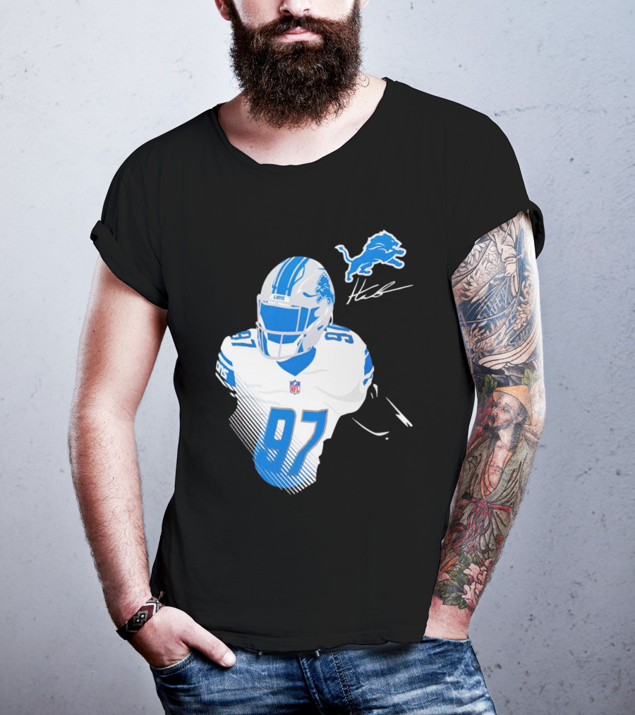 Aidan Hutchinson Detroit Lions Player Signature 97 NFL Logo Lions Helmet T-Shirt
