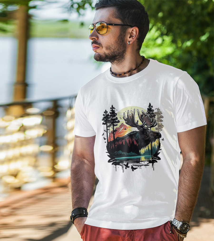 Moose In The Forest With Sunset And Mountain Landscape T-Shirt