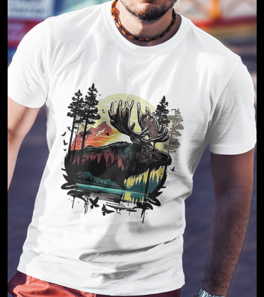 Moose In The Forest With Sunset And Mountain Landscape T-Shirt