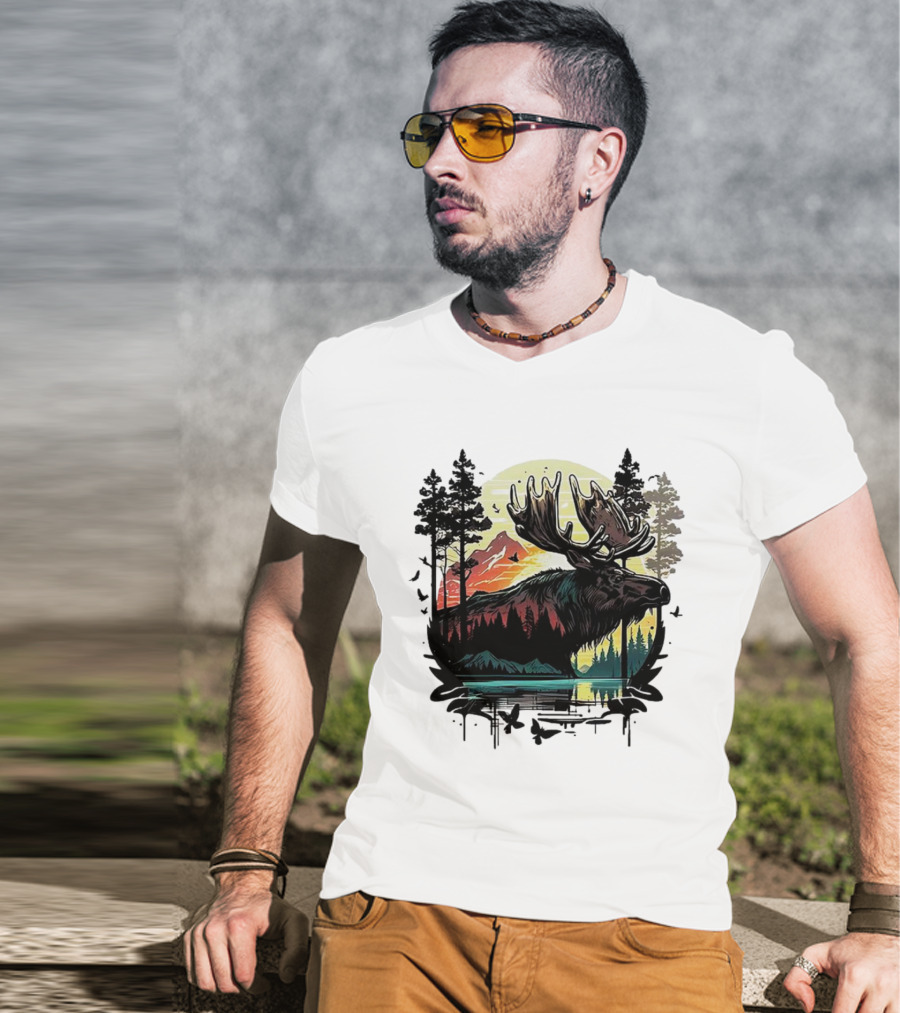 Moose In The Forest With Sunset And Mountain Landscape T-Shirt