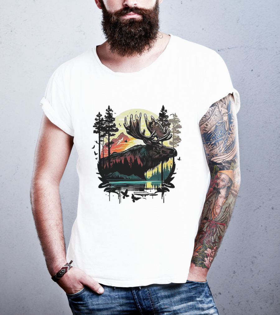 Moose In The Forest With Sunset And Mountain Landscape T-Shirt