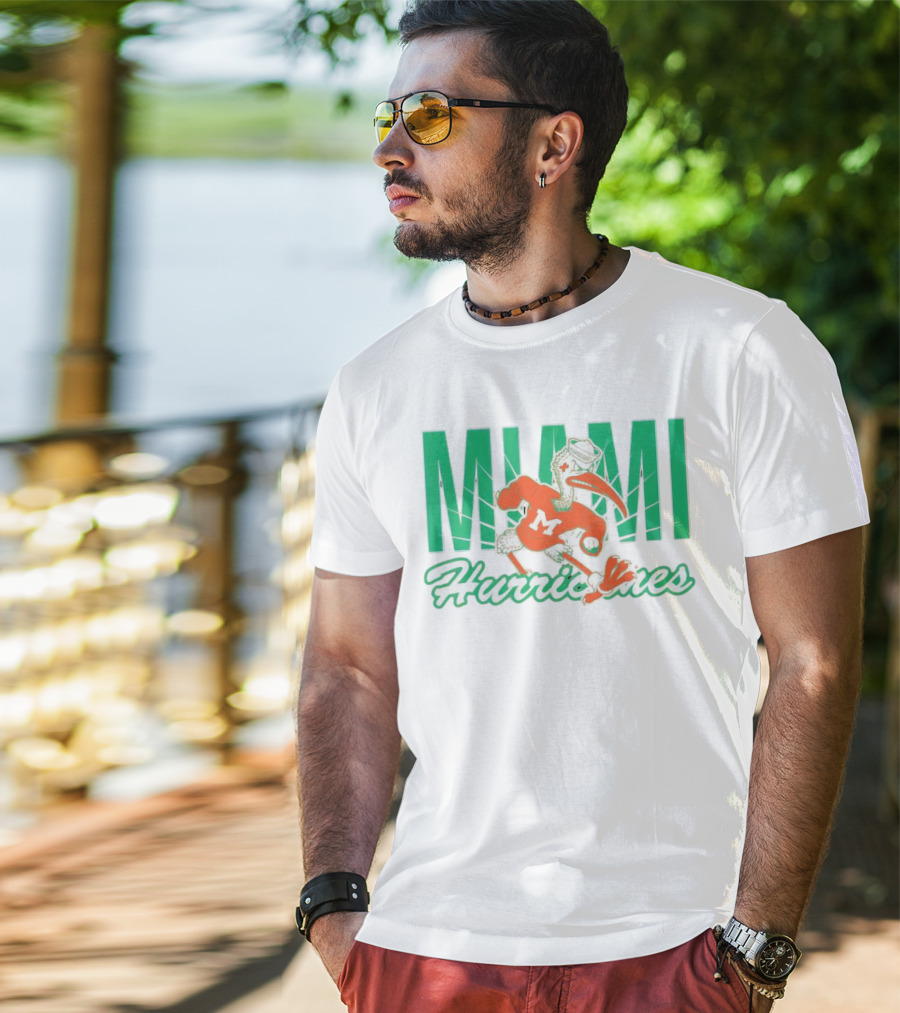 Miami Hurricanes Sebastian The Ibis Mascot With Bold Lettering T-Shirt