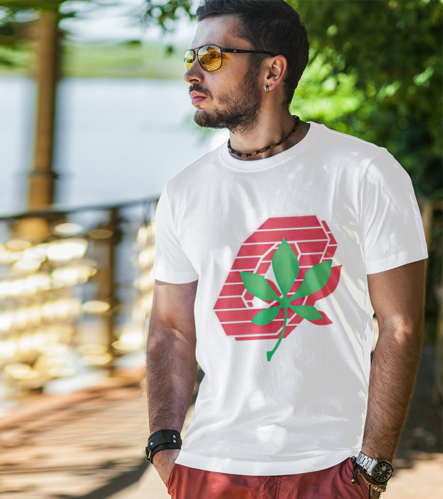 Ohio State Buckeyes Scarlet And Gray O With Green Leaf Emblem T-Shirt