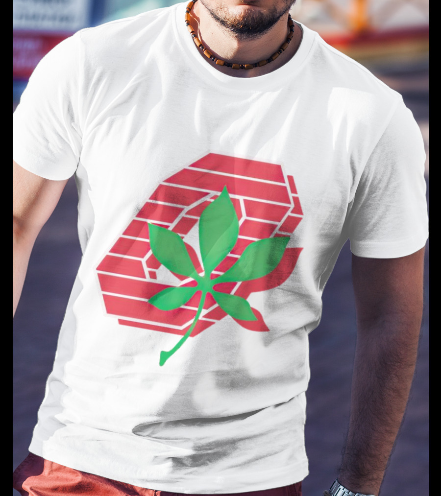 Ohio State Buckeyes Scarlet And Gray O With Green Leaf Emblem T-Shirt