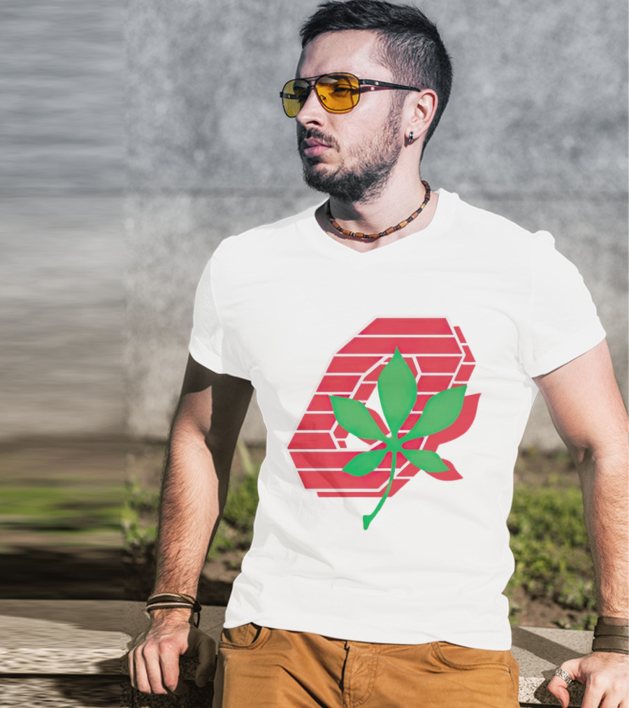 Ohio State Buckeyes Scarlet And Gray O With Green Leaf Emblem T-Shirt