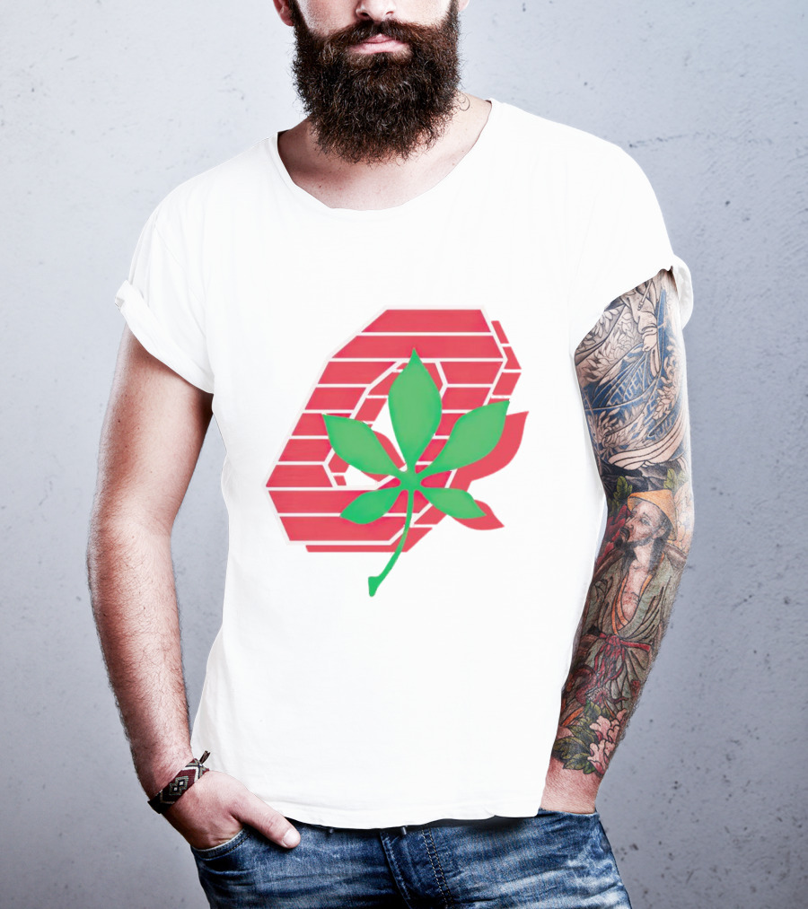 Ohio State Buckeyes Scarlet And Gray O With Green Leaf Emblem T-Shirt