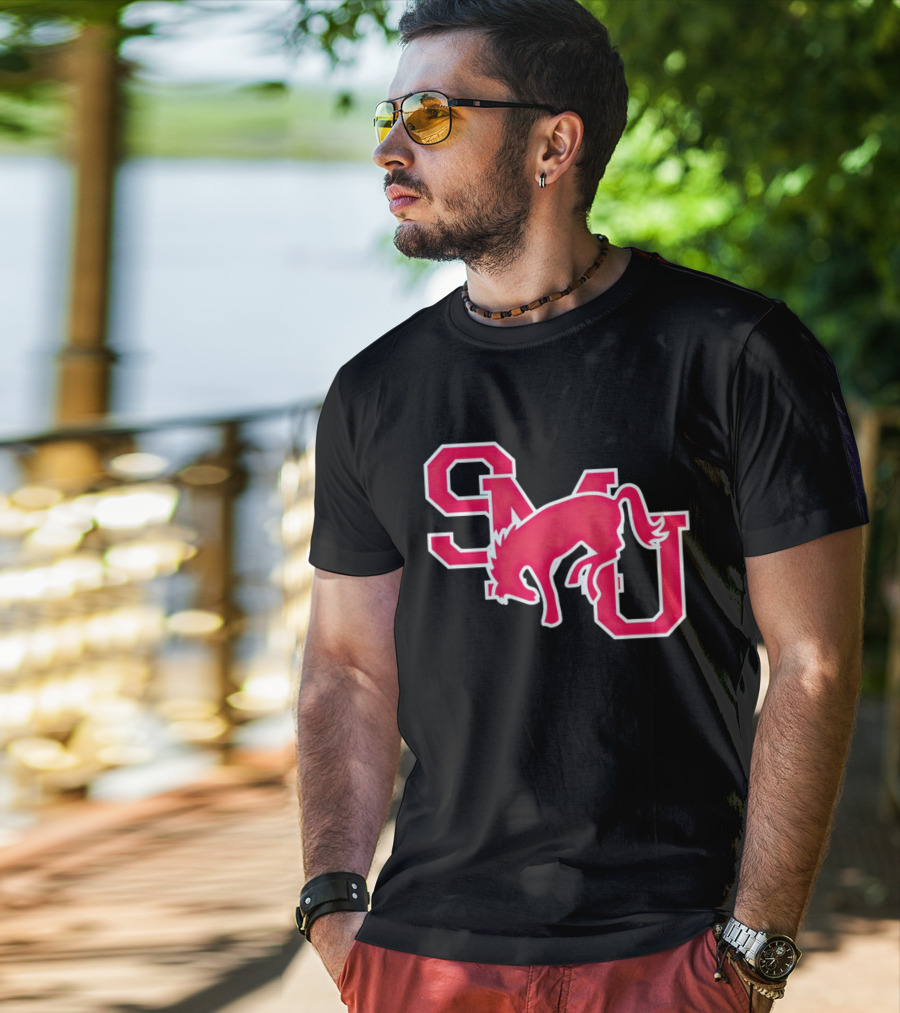 SMU Mustangs Red Logo With Jumping Mustang T-Shirt
