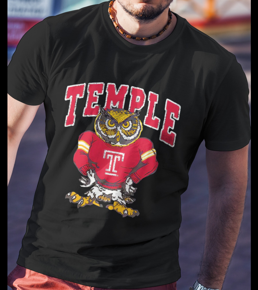 Temple Owls Football Mascot In Red Jersey With Bold Temple Text T-Shirt