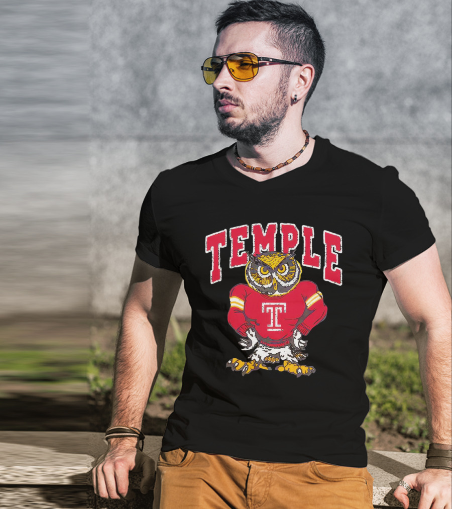Temple Owls Football Mascot In Red Jersey With Bold Temple Text T-Shirt