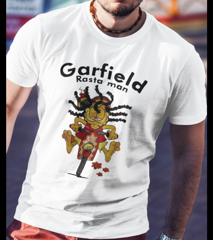 Garfield Rasta Man Dreadlocks Bicycle Whimsical Fun T-Shirt