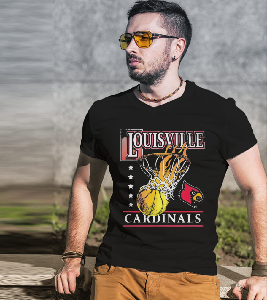 Louisville Cardinals Flaming Basketball Hoop T-Shirt