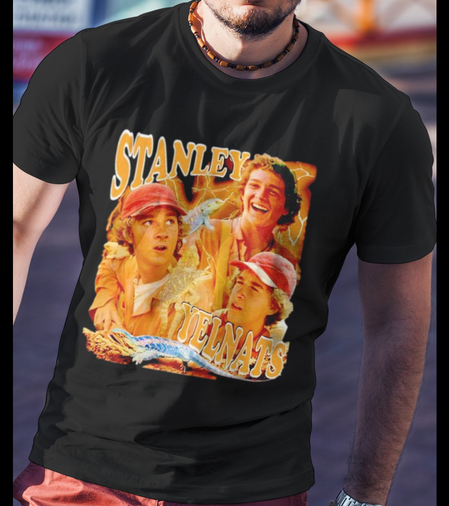 Stanley Yelnats Character Collage With Orange Background And Lizard T-Shirt